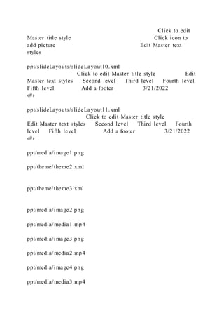 Click to edit
Master title style Click icon to
add picture Edit Master text
styles
ppt/slideLayouts/slideLayout10.xml
Click to edit Master title style Edit
Master text styles Second level Third level Fourth level
Fifth level Add a footer 3/21/2022
‹#›
ppt/slideLayouts/slideLayout11.xml
Click to edit Master title style
Edit Master text styles Second level Third level Fourth
level Fifth level Add a footer 3/21/2022
‹#›
ppt/media/image1.png
ppt/theme/theme2.xml
ppt/theme/theme3.xml
ppt/media/image2.png
ppt/media/media1.mp4
ppt/media/image3.png
ppt/media/media2.mp4
ppt/media/image4.png
ppt/media/media3.mp4
 