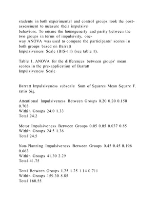 students in both experimental and control groups took the post-
assessment to measure their impulsive
behaviors. To ensure the homogeneity and parity between the
two groups in terms of impulsivity, one-
way ANOVA was used to compare the participants' scores i n
both groups based on Barratt
Impulsiveness Scale (BIS-11) (see table 1).
Table 1. ANOVA for the differences between groups' mean
scores in the pre-application of Barratt
Impulsiveness Scale
Barratt Impulsiveness subscale Sum of Squares Mean Square F.
ratio Sig.
Attentional Impulsiveness Between Groups 0.20 0.20 0.150
0.703
Within Groups 24.0 1.33
Total 24.2
Motor Impulsiveness Between Groups 0.05 0.05 0.037 0.85
Within Groups 24.5 1.36
Total 24.5
Non-Planning Impulsiveness Between Groups 0.45 0.45 0.196
0.663
Within Groups 41.30 2.29
Total 41.75
Total Between Groups 1.25 1.25 1.14 0.711
Within Groups 159.30 8.85
Total 160.55
 