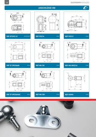 15                                                                                                                       GASFEDERN KATALOG

                                                        ANSCHLÜSSE M8

                       Ø10
             A                      A                                                     Ø 14,8
                                                                                                                                     20




                                                                    Ø 10
                                                                                                                                              10
                        18




                                                                                                                                                     M8
                                                                                                     25
                                                                    15
                                   M8




                                                                                                                         10
                             11
                                                             M8


REF 072421-8                            KUNSTSTOFF
                                        PLASTIQUE     REF 92214                                       STAHL
                                                                                                     ACIER    REF 92215                                   STAHL
                                                                                                                                                         ACIER



                         25
                                                             A                                A                      A                              A




                                                                                                                                                        11
                                                                                                14




                                                                                                               15
          10,1




                                    18




                        34
                                                                                 12
                                                                                                                                              14
                                                                   8,5
                              11                                                                                              8,5




                                                                                                                                                    M8
                                                                                              M8
                                                        10




                                                                                                               5
                                        M8
          18




                                                                                     11                                                        11

                                                                            20                                                           25



REF ST 092266N                                STAHL
                                             ACIER    REF HG CH                                       STAHL
                                                                                                     ACIER    REF HG 092216                               STAHL
                                                                                                                                                         ACIER



            A                       A                         A                           A
                                                                                                                    10
                                                                                               14
                                        14




                                                                                                                                                    M8
                             12
                 8,5                                                            12
                                                                  8,5
                                                                                                                                          12
                                    M8
     10




                                                                                          M8
                                                         5




                                                                                                                                    24
                              11                                                 9
                                                                                                                                28
                        25                                                 23



REF ST 092264AC                               STAHL
                                             ACIER    REF HG 201                                      STAHL
                                                                                                     ACIER    REF 92995                                   STAHL
                                                                                                                                                         ACIER
 