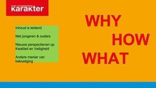 Inhoud is leidend
Met jongeren & ouders
Nieuwe perspectieven op
Kwaliteit en Veiligheid
Andere manier van
bekostiging
 