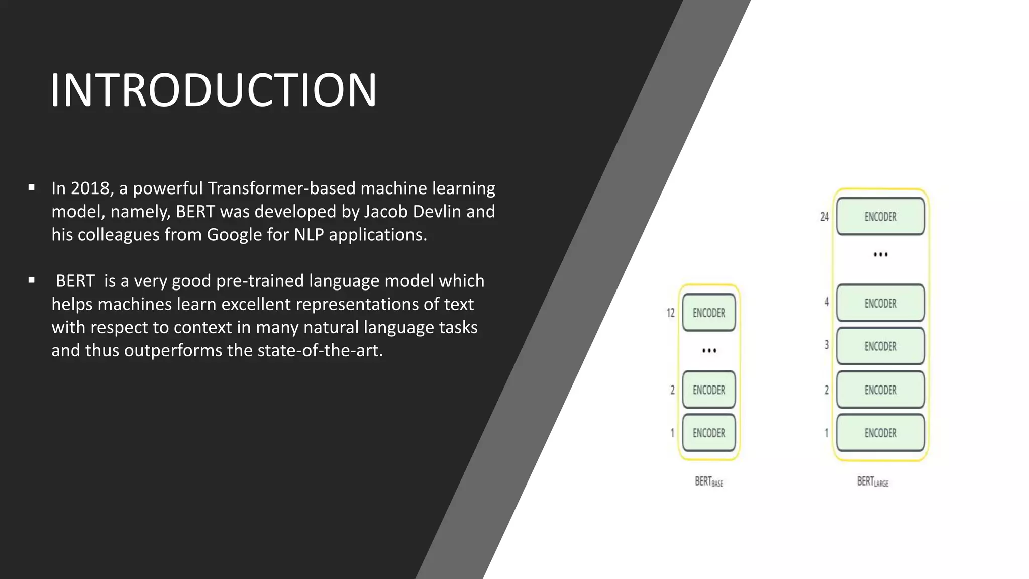 INTRODUCTION
 In 2018, a powerful Transformer-based machine learning
model, namely, BERT was developed by Jacob Devlin and
his colleagues from Google for NLP applications.
 BERT is a very good pre-trained language model which
helps machines learn excellent representations of text
with respect to context in many natural language tasks
and thus outperforms the state-of-the-art.
 