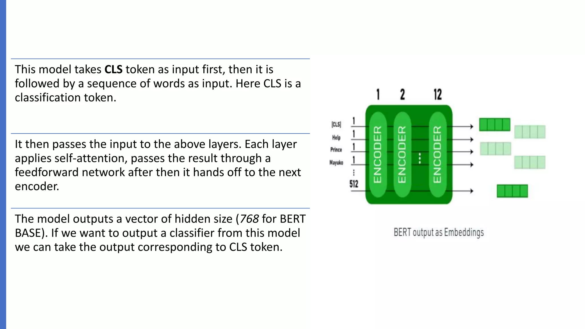 This model takes CLS token as input first, then it is
followed by a sequence of words as input. Here CLS is a
classification token.
It then passes the input to the above layers. Each layer
applies self-attention, passes the result through a
feedforward network after then it hands off to the next
encoder.
The model outputs a vector of hidden size (768 for BERT
BASE). If we want to output a classifier from this model
we can take the output corresponding to CLS token.
 