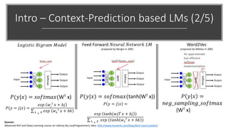 Intro – Context-Prediction based LMs (2/5)
𝑃(𝑦|𝑥) = 𝑠𝑜𝑓𝑡𝑚𝑎𝑥(WT x)
𝑃(𝑦 = 𝑗|𝑥) =
𝑒𝑥𝑝 𝑤𝑗
𝑇 𝑥 + 𝑏𝑗
σ 𝑘 ∊ 𝐾 𝑒𝑥𝑝 𝑤 𝑘
𝑇 𝑥 + 𝑏𝑘
𝑃 𝑦 = 𝑗 𝑥 =
𝑒𝑥𝑝 tanh(𝑤𝑗𝑇 𝑥 + 𝑏𝑗 )
σ 𝑘 ∊ 𝐾 𝑒𝑥𝑝 (𝑡𝑎𝑛ℎ 𝑤 𝑘
𝑇 𝑥 + 𝑏𝑘 )
𝑃(𝑦|𝑥) = 𝑠𝑜𝑓𝑡𝑚𝑎𝑥(tanh(WT x))
𝐿𝑜𝑔𝑖𝑠𝑡𝑖𝑐 𝐵𝑖𝑔𝑟𝑎𝑚 𝑀𝑜𝑑𝑒𝑙 Feed Forward 𝑁𝑒𝑢𝑟𝑎𝑙 𝑁𝑒𝑡𝑤𝑜𝑟𝑘 𝐿𝑀
proposed by Bengio in 2001
Sources:
Advanced NLP and Deep Learning course on Udemy (by LazyProgrammer); Idea: http://www.marekrei.com/blog/dont-count-predict/
Word2Vec
proposed by Mikilov in 2001
𝑃 𝑦 𝑥 =
𝑛𝑒𝑔_𝑠𝑎𝑚𝑝𝑙𝑖𝑛𝑔_𝑠𝑜𝑓𝑡𝑚𝑎𝑥
(WT x)
 