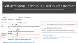 Self Attention Technique used in Transformer
Source: https://lilianweng.github.io/lil-log/2018/06/24/attention-attention.html
More about Self Attention in Text:
https://medium.com/@_init_/how-self-attention-with-relative-position-
representations-works-28173b8c245a
 
