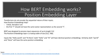 How BERT Embedding works?
Position Embedding Layer
Source:
• https://medium.com/@_init_/why-bert-has-3-embedding-layers-and-their-implementation-details-9c261108e28a
Transformers do not encode the sequential nature of their inputs.
How Position Embeddings help?
- I think, therefore I am
- the first “I” should not have the same vector representation as the second “I”.
BERT was designed to process input sequences of up to length 512
The Position Embeddings layer is a lookup table of size (512, 768).
Inputs like “Hello world” and “Hi there”, both “Hello” and “Hi” will have identical position embeddings. Similarly, both “world”
and “there” will have the same position embedding
 
