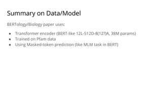 Summary on Data/Model
BERTology/Biology paper uses:
● Transformer encoder (BERT-like 12L-512D-8(12?)A, 38M params)
● Trained on Pfam data
● Using Masked-token prediction (like MLM task in BERT)
 