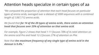 Attention heads specialize in certain types of aa
“We computed the proportion of attention that each head focuses on particular
types of amino acids, averaged over a dataset of 5000 sequences with a combined
length of 1,067,712 amino acids.
We found that for 14 of the 20 types of amino acids, there exists an attention
head that focuses over 25% of attention on that amino acid.
For example, Figure 2 shows that head 1-11 focuses 78% of its total attention on
the amino acid Pro and head 12-3 focuses 27% of attention on Phe.
Note that the maximum frequency of any single type of amino acid in the
dataset is 9.4%.”
 
