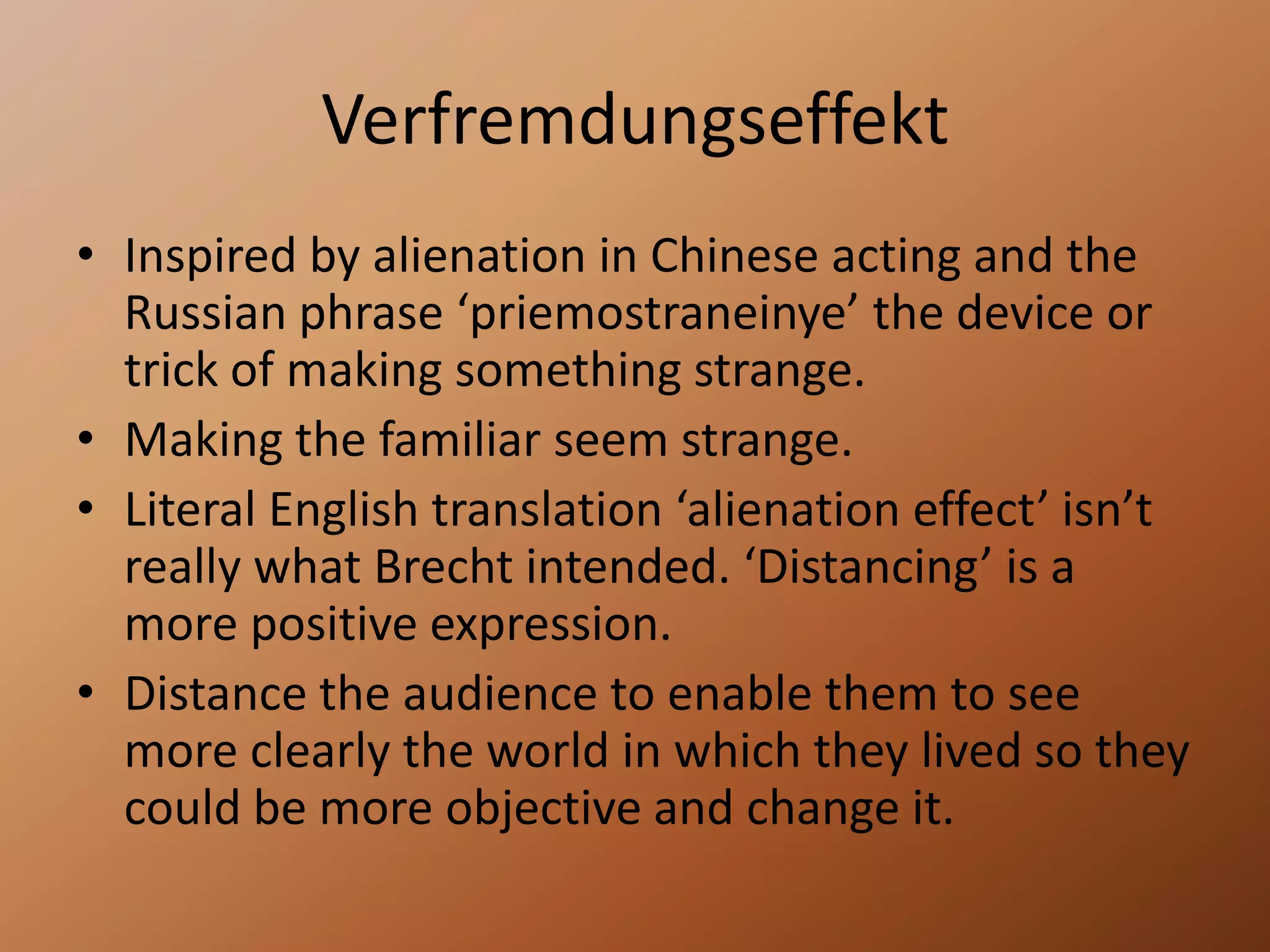 The demonstrator imitates the action of the driver/victim but the audience are not caught in the emotion of their experience so can form an opinion. Distinctions between the Dramatic and EpicFrom Willett, J.  (1978) Brecht on Theatre 