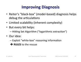 Improving 
Diagnosis 
• Reiter’s 
“black-­‐box” 
(model-­‐based) 
diagnosis 
helps 
debug 
the 
araculaaons 
• Limited 
sc...
