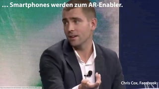 Wer kontrolliert
die Kamera?
FB hebt den Kamera button hervor => Mobiles
Bewegtbild wird mehr als lustige Videos
… Smartphones werden zum AR-Enabler.
Chris Cox, Facebook
http://www.theawl.com/2016/02/been-stuck-at-99-percent-for-like-a-year
 