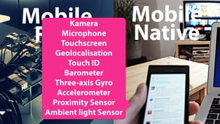 Mobile
First
Mobile
Native
Kamera
Microphone
Touchscreen
Geolocalisation
Touch ID
Barometer
Three-axis Gyro
Accelerometer
Proximity Sensor
Ambient light Sensor
 