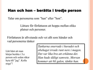 Han och hon – berätta i tredje person
Talar om personerna som ”han” eller ”hon”.
Lättare för författaren att hoppa mellan olika
platser och personer.
Författaren är allvetande och vet allt som händer och
vad personerna tänker
Tankarna snurrade i huvudet och
obehaget irrade runt nere i magen.
Det var lika bra att erkänna det.
Han hade dåligt samvete, Morsan
kommer att bli galen, tänkte han.
Lätt hänt att man
börjar berätta i 3:e
person och sedan råkar
byta till ”jag”. Kolla
noga”!
 