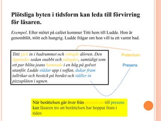 Plötsliga byten i tidsform kan leda till förvirring
för läsaren.
Exempel. Efter mötet på caféet kommer Titti hem till Ludde. Hon är
genomblöt, trött och hungrig. Ludde frågar om hon vill ta ett varmt bad.
Titti gick in i badrummet och stängde dörren. Den
öppnades sedan snabbt och stängdes, samtidigt som
ett par blöta jeans hamnade i en hög på golvet
utanför. Ludde städar upp i soffan, dukar fram
tallrikar och bestick på bordet och ställer in
pizzaplåten i ugnen.
Preteritum
Presens
När berättelsen går över från preteritum till presens
kan läsaren tro att berättelsen har hoppat fram i
tiden
 