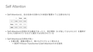 Self Attention
• Self Attentionは、自分自身の文章のどの単語が重要か？に注意を向ける
• Self-Attentionは言語の文法構造であったり，照応関係（it が指してるものとか）を獲得す
るのにも使われているなどと論文では分析されている
• Self Attentionは汎用性が高い
• 文書分類、画像分類など、様々なタスクによく使われる
• BERTやVision TransformerもSelf Attentionのみを使用
 