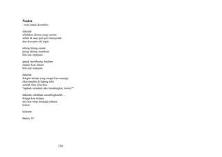 Nudes
: nota untuk desember
tidurlah
rebahkan alismu yang cermin
sebab di sana peri-peri menyerlah
dan dosa pun tak ingin
tebing hilang curam
puing dulang manikam
bila kau terpejam
gagak membuang dendam
malam kian dalam
bila kau terpejam
tidurlah
dengan mimpi yang sangat kau sayangi:
tikar pandan di ladang tebu
setelah film-film biru
''apakah semalam aku mendengkur, honey?''
tidurlah, rebahlah, mendengkurlah ...
hingga kau terjaga
aku kan tetap menjaga rahasia
kelam
kelamin
batam, 03

130

 