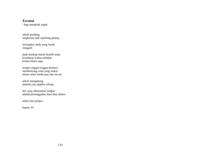 Teratai
: bagi penakluk teguh
sekali pandang
tangkaimu jadi sepotong petang
tersangkut rindu yang lusuh
sungguh
pada lanskap merah disalib senja
kesabaran waktu terbakar
kolam hitam saga
tempat unggas-unggas berkaca
membincang cinta yang mekar
antara mitos tanda jasa dan sia-sia
sekali mengapung
padamu jua sajakku relung:
diri yang dibesarkan lumpur
adalah persinggahan ikan-ikan dalam
salam dan pelipur
batam, 03

135

 