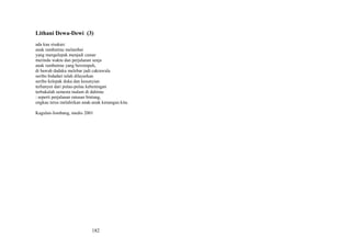 Lithani Dewa-Dewi (3)
ada kau sisakan:
anak rambutmu melambai
yang mengelepak menjadi camar
merindu waktu dan perjalanan senja
anak rambutmu yang bersimpuh,
di bawah dadaku melebar jadi cakrawala
seribu bidadari telah dilayarkan
seribu kelepak duka dan kesunyian
terhanyut dari pulau-pulau keheningan
terbukalah semesta malam di dahimu
: seperti perjalanan ratusan bintang,
engkau terus melahirkan anak-anak kenangan kita.
Kagulan-Jombang, medio 2001

182

 