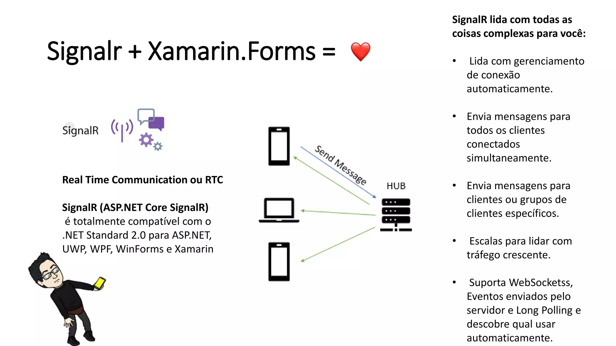 Signalr + Xamarin.Forms =
Real Time Communication ou RTC
SignalR (ASP.NET Core SignalR)
é totalmente compatível com o
.NET Standard 2.0 para ASP.NET,
UWP, WPF, WinForms e Xamarin
SignalR lida com todas as
coisas complexas para você:
• Lida com gerenciamento
de conexão
automaticamente.
• Envia mensagens para
todos os clientes
conectados
simultaneamente.
• Envia mensagens para
clientes ou grupos de
clientes específicos.
• Escalas para lidar com
tráfego crescente.
• Suporta WebSocketss,
Eventos enviados pelo
servidor e Long Polling e
descobre qual usar
automaticamente.
 