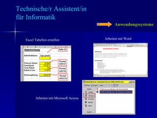 Anwendungssysteme Technische/r Assistent/in  für Informatik Excel Tabellen erstellen Arbeiten mit Word Arbeiten mit Microsoft Access 