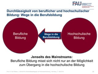 Durchlässigkeit von beruflicher und hochschulischer
Bildung: Wege in die Berufsbildung
20
Berufliche
Bildung
Hochschulische
Bildung
Wege in die
Berufsbildung
Jenseits des Mainstreams:
Berufliche Bildung misst sich nicht nur an der Möglichkeit
zum Übergang in die hochschulische Bildung
Prof. Dr. Karl Wilbers | Lehrstuhl für Wirtschaftspädagogik und Personalentwicklung | Nürnberg, 11. Mai 2013
 