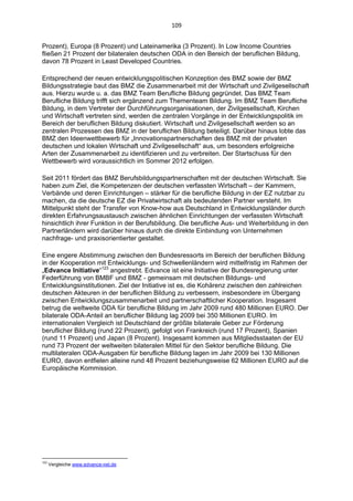 109 
 
Prozent), Europa (8 Prozent) und Lateinamerika (3 Prozent). In Low Income Countries
fließen 21 Prozent der bilateralen deutschen ODA in den Bereich der beruflichen Bildung,
davon 78 Prozent in Least Developed Countries.

Entsprechend der neuen entwicklungspolitischen Konzeption des BMZ sowie der BMZ
Bildungsstrategie baut das BMZ die Zusammenarbeit mit der Wirtschaft und Zivilgesellschaft
aus. Hierzu wurde u. a. das BMZ Team Berufliche Bildung gegründet. Das BMZ Team
Berufliche Bildung trifft sich ergänzend zum Thementeam Bildung. Im BMZ Team Berufliche
Bildung, in dem Vertreter der Durchführungsorganisationen, der Zivilgesellschaft, Kirchen
und Wirtschaft vertreten sind, werden die zentralen Vorgänge in der Entwicklungspolitik im
Bereich der beruflichen Bildung diskutiert. Wirtschaft und Zivilgesellschaft werden so an
zentralen Prozessen des BMZ in der beruflichen Bildung beteiligt. Darüber hinaus lobte das
BMZ den Ideenwettbewerb für „Innovationspartnerschaften des BMZ mit der privaten
deutschen und lokalen Wirtschaft und Zivilgesellschaft“ aus, um besonders erfolgreiche
Arten der Zusammenarbeit zu identifizieren und zu verbreiten. Der Startschuss für den
Wettbewerb wird voraussichtlich im Sommer 2012 erfolgen.

Seit 2011 fördert das BMZ Berufsbildungspartnerschaften mit der deutschen Wirtschaft. Sie
haben zum Ziel, die Kompetenzen der deutschen verfassten Wirtschaft – der Kammern,
Verbände und deren Einrichtungen – stärker für die berufliche Bildung in der EZ nutzbar zu
machen, da die deutsche EZ die Privatwirtschaft als bedeutenden Partner versteht. Im
Mittelpunkt steht der Transfer von Know-how aus Deutschland in Entwicklungsländer durch
direkten Erfahrungsaustausch zwischen ähnlichen Einrichtungen der verfassten Wirtschaft
hinsichtlich ihrer Funktion in der Berufsbildung. Die berufliche Aus- und Weiterbildung in den
Partnerländern wird darüber hinaus durch die direkte Einbindung von Unternehmen
nachfrage- und praxisorientierter gestaltet.

Eine engere Abstimmung zwischen den Bundesressorts im Bereich der beruflichen Bildung
in der Kooperation mit Entwicklungs- und Schwellenländern wird mittelfristig im Rahmen der
„Edvance Initiative“123 angestrebt. Edvance ist eine Initiative der Bundesregierung unter
Federführung von BMBF und BMZ - gemeinsam mit deutschen Bildungs- und
Entwicklungsinstitutionen. Ziel der Initiative ist es, die Kohärenz zwischen den zahlreichen
deutschen Akteuren in der beruflichen Bildung zu verbessern, insbesondere im Übergang
zwischen Entwicklungszusammenarbeit und partnerschaftlicher Kooperation. Insgesamt
betrug die weltweite ODA für berufliche Bildung im Jahr 2009 rund 480 Millionen EURO. Der
bilaterale ODA-Anteil an beruflicher Bildung lag 2009 bei 350 Millionen EURO. Im
internationalen Vergleich ist Deutschland der größte bilaterale Geber zur Förderung
beruflicher Bildung (rund 22 Prozent), gefolgt von Frankreich (rund 17 Prozent), Spanien
(rund 11 Prozent) und Japan (8 Prozent). Insgesamt kommen aus Mitgliedsstaaten der EU
rund 73 Prozent der weltweiten bilateralen Mittel für den Sektor berufliche Bildung. Die
multilateralen ODA-Ausgaben für berufliche Bildung lagen im Jahr 2009 bei 130 Millionen
EURO, davon entfielen alleine rund 48 Prozent beziehungsweise 62 Millionen EURO auf die
Europäische Kommission.




                                                            
123
      Vergleiche www.edvance-net.de

 
 