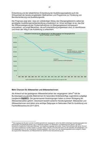 37 


Entwicklung und der tatsächlichen Entwicklung der Ausbildungsangebote auch die
Wirksamkeit der bereits eingeleiteten Maßnahmen und Programme zur Förderung von
Berufsorientierung und Ausbildungsreife.

Die Prognose zeigt aber, dass ein vollständiger Abbau des Übergangsbereichs selbst bei
günstigster Ausbildungsmarktentwicklung unrealistisch ist. Umso wichtiger ist es, das Ziel
der Effizienzsteigerung der Fördermaßnahmen im Übergangsbereich konsequent
umzusetzen, um junge Menschen, die auf Unterstützung angewiesen sind, zu identifizieren
und ihnen den Weg in die Ausbildung zu erleichtern.

                                                                                                Schaubild 9: Entwicklung der Anfängerzahlen in den Bildungsgängen des Übergangsbereichs
                                                                                                                           (bis 2011 Ist-Zahlen, ab 2012 Prognose)

                400.000



                350.000



                300.000

                                                                                                                                                                                                       Szenario 1: 
                                                                                                                                                                                                       nach 2011  jährlich um ‐10.000  Plätze 
                250.000
                                                                                                                                                                                                       sinkendes Ausbildungsangebot


                200.000

                                                                                                                                                                     Szenario 2:
                                                                                                                                                                     ab 2011  konstantes Ausbildungsangebot
                150.000



                100.000



                       50.000



                                                    0
                                                                           2005          2006   2007   2008    2009   2010    2011    2012    2013    2014    2015    2016    2017    2018    2019      2020   2021    2022   2023   2024    2025

                                                                                                 Quellen: Bundesinstitut für Berufsbildung (BIBB), Statistisches  Bundesamt,  Berechnungen des BIBB 



Schaubild 9 Entwicklung der Anfängerzahlen in den Bildungsgängen des Übergangsbereichs




Mehr Chancen für Altbewerber und Altbewerberinnen

Als Antwort auf die gestiegenen Altbewerberzahlen der vergangenen Jahre48 hat die
Bundesregierung gezielte Maßnahmen für besonders förderbedürftige Jugendliche aufgelegt
(vergleiche Kapitel 3). Die gemeinsamen Anstrengungen haben zu einem Rückgang der
Altbewerberzahlen geführt. Gleichwohl besteht weiterhin Handlungsbedarf. Altbewerber und
Altbewerberinnen sind daher eine wichtige Zielgruppe im Nationalen Pakt für Ausbildung und
Fachkräftenachwuchs 2011-2014.




                                                            
48
  Die angespannte Situation auf dem Ausbildungsmarkt der vergangenen Jahre (bis 2005 rückläufiges Ausbildungsangebot bei
wachsenden Schulabgängerzahlen) hat zu steigenden Anteilen von Bewerbern und Bewerberinnen geführt, die statt in
betriebliche Ausbildung in alternative Bildungs- und Qualifizierungswege einmünden. Dieser Personenkreis hält seinen Wunsch
nach einer Ausbildung im dualen System zu großen Teilen aufrecht und konkurriert dann mit den aktuellen Schulabgängern und
Schulabgängerinnen um die vorhandenen Ausbildungsstellen. Auch wenn sich der Ausbildungsstellenmarkt entspannt, stellen
die sogenannten Altbewerber und Altbewerberinnen weiterhin eine Herausforderung dar.
 