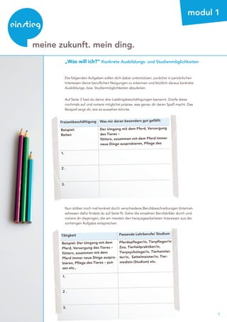 7
beratung
meine zukunft. mein ding.
modul 1
„Was will ich?“ Konkrete Ausbildungs- und Studienmöglichkeiten
Die folgenden Aufgaben sollen dich dabei unterstützen, zunächst in persönlichen
Interessen deine beruflichen Neigungen zu erkennen und letztlich daraus konkrete
Ausbildungs- bzw. Studienmöglichkeiten abzuleiten.
Auf Seite 3 hast du deine drei Lieblingsbeschäftigungen benannt. Greife diese
nochmals auf und notiere möglichst präzise, was genau dir daran Spaß macht. Das
Beispiel zeigt dir, wie es aussehen könnte.
Tätigkeit Passende Lehrberufe/ Studium
Beispiel: Der Umgang mit dem
Pferd, Versorgung des Tieres –
füttern, zusammen mit dem
Pferd immer neue Dinge auspro-
bieren, Pflege des Tieres – put-
zen etc.,
Pferdepfleger/in, Tierpfleger/in
Zoo, Tierheilpraktiker/in,
Tierpsychologe/in, Tierheimlei-
ter/in, Sattelmeister/in, Tier-
medizin (Studium) etc.
1.
2 .
3.
Freizeitbeschäftigung Was mir daran besonders gut gefällt:
Beispiel:
Reiten
Der Umgang mit dem Pferd, Versorgung
des Tieres –
füttern, zusammen mit dem Pferd immer
neue Dinge ausprobieren, Pflege des
1.
2 .
3.
Nun stöber noch mal konkret durch verschiedene Berufsbeschreibungen (Internet-
adressen dafür findest du auf Seite 9). Gehe die einzelnen Berufsbilder durch und
notiere dir diejenigen, die am meisten den herausgearbeiteten Interessen aus der
vorherigen Aufgabe entsprechen.
 