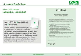 14© LVM Versicherungen 22.05.2014Leben Verkaufsförderung
Extra für Studenten:
LVM AS-BU / LVM AS-BUZ
4. Unsere Empfehlung
 