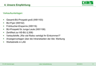 17© LVM Versicherungen 22.05.2014Leben Verkaufsförderung
Verkaufsunterlagen:
 Gesamt-BU-Prospekt groß (W81103)
 BU-Flyer (W8142)
 Frühbucher-Ersparnis (W8116)
 BU-Prospekt für Junge Leute (W81108)
 Zertifikat zur AS-BU (L308)
 Verkaufshilfe „Wie viel Risiko verträgt Ihr Einkommen?“
 Anzeigenvorlagen über die Intranetseiten der Abt. Werbung
 Werbebriefe in LAS
4. Unsere Empfehlung
 