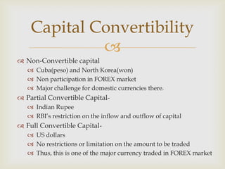 Capital Convertibility
             
 Non-Convertible capital
    Cuba(peso) and North Korea(won)
    Non participation in FOREX market
    Major challenge for domestic currencies there.
 Partial Convertible Capital-
    Indian Rupee
    RBI’s restriction on the inflow and outflow of capital
 Full Convertible Capital-
    US dollars
    No restrictions or limitation on the amount to be traded
    Thus, this is one of the major currency traded in FOREX market
 