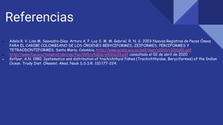 Referencias
● Adela R. V. Lina M. Saavadra-Díaz. Arturo A. P. Luz S. M. M. Gabriel. R. N. S. 2003 Nuevos Registros de Peces Óseos
PARA EL CARIBE COLOMBIANO DE LOS ÓRDENES BERYCIFORMES, ZEIFORMES, PERCIFORMES Y
TETRAODONTIFORMES. Santa Maria, Colombia. http://www.scielo.org.co/pdf/mar/v32n1/v32n1a01.pdf
● http://www.fao.org/tempref/docrep/fao/009/y4161e/y4161e39.pdf consultado el 02 de abril de 2020
● Kotlyar, A.N. 1980. Systematics and distribution of trachichthyid fishes (Trachichthyidae, Beryciformes) of the Indian
Ocean. Trudy Inst. Okeanol. Akad. Nauk S.S.S.R. 110:177-224.
 
