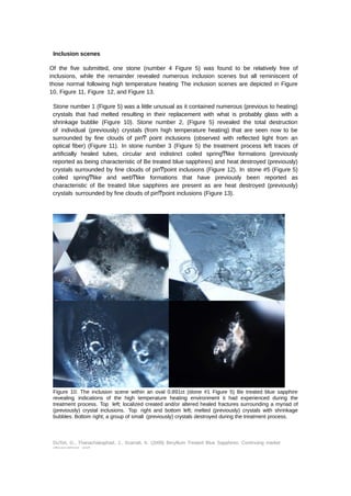 Inclusion scenes 
Of the five submitted, one stone (number 4 Figure 5) was found to be relatively free of 
inclusions, while the remainder revealed numerous inclusion scenes but all reminiscent of 
those normal following high temperature heating The inclusion scenes are depicted in Figure 
10, Figure 11, Figure 12, and Figure 13. 
Stone number 1 (Figure 5) was a little unusual as it contained numerous (previous to heating) 
crystals that had melted resulting in their replacement with what is probably glass with a 
shrinkage bubble (Figure 10). Stone number 2, (Figure 5) revealed the total destruction 
of individual (previously) crystals (from high temperature heating) that are seen now to be 
surrounded by fine clouds of pinͲ point inclusions (observed with reflected light from an 
optical fiber) (Figure 11). In stone number 3 (Figure 5) the treatment process left traces of 
artificially healed tubes, circular and indistinct coiled springͲlike formations (previously 
reported as being characteristic of Be treated blue sapphires) and heat destroyed (previously) 
crystals surrounded by fine clouds of pinͲpoint inclusions (Figure 12). In stone #5 (Figure 5) 
coiled springͲlike and webͲlike formations that have previously been reported as 
characteristic of Be treated blue sapphires are present as are heat destroyed (previously) 
crystals surrounded by fine clouds of pinͲpoint inclusions (Figure 13). 
Figure 10: The inclusion scene within an oval 0.891ct (stone #1 Figure 5) Be treated blue sapphire 
revealing indications of the high temperature heating environment it had experienced during the 
treatment process. Top left; localized created and/or altered healed fractures surrounding a myriad of 
(previously) crystal inclusions. Top right and bottom left; melted (previously) crystals with shrinkage 
bubbles. Bottom right; a group of small (previously) crystals destroyed during the treatment process. 
DuToit, G., Thanachakaphad, J., Scarratt, K. (2009) Beryllium Treated Blue Sapphires: Continuing market 
observations and 
 