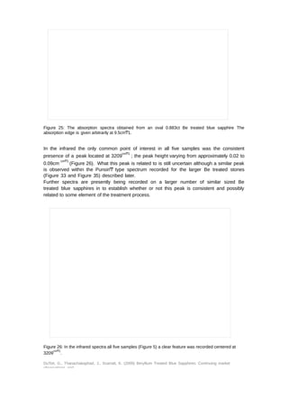 Figure 25: The absorption spectra obtained from an oval 0.883ct Be treated blue sapphire The 
absorption edge is given arbitrarily at 9.5cmͲ1. 
In the infrared the only common point of interest in all five samples was the consistent 
presence of a peak located at 3209cmͲ1 ; the peak height varying from approximately 0.02 to 
0.09cm cmͲ1 (Figure 26). What this peak is related to is still uncertain although a similar peak 
is observed within the PunsiriͲ type spectrum recorded for the larger Be treated stones 
(Figure 33 and Figure 35) described later. 
Further spectra are presently being recorded on a larger number of similar sized Be 
treated blue sapphires in to establish whether or not this peak is consistent and possibly 
related to some element of the treatment process. 
Figure 26: In the infrared spectra all five samples (Figure 5) a clear feature was recorded centered at 
3209cmͲ1. 
DuToit, G., Thanachakaphad, J., Scarratt, K. (2009) Beryllium Treated Blue Sapphires: Continuing market 
observations and 
 