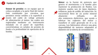 11
Equipos de subsuelo
Sensor de presión: es un equipo que se
coloca acoplado a la parte final del motor.
Está constituido por circuitos que
permiten enviar señales a la superficie a
través del cable de voltaje primario
de alimentación al motor, las cuales son
registradas mediante un instrumento
instalado en el panel de superficie,
convirtiéndose en señales de presión de
fondo a la profundidad de operación de la
bomba.
Motor: es la fuente de potencia que
genera el movimiento a la bomba para
mantener la producción de fluidos. Los
motores usados son de tipos dipolares,
trifásicos, jaula de ardilla, de inducción. Se
encuentran lleno de un aceite mineral
altamente refinado, de
alta resistencia dieléctrica, que ayuda a
lubricar los cojinetes del motor y
transfiere el calor generado de el a su
carcasa. Los fabricantes ofrecen una gran
disponibilidad de motores adaptados al
diámetro de la tubería de revestimiento.
 