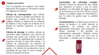 21
Equipos accesorios
Con el propósito de asegurar una mejor
operación del equipo es necesario contar
con algunos accesorios.
Controlador de velocidad variable:
permite alterar la frecuencia del voltaje
que alimenta al motor y por lo tanto
modificar su velocidad. El rango de ajuste
de la frecuencia es de 30 a 90 Hz, lo que
implica su amplio rango de velocidades y
por lo tanto de gastos que es posible
manejar.
Válvula de contrapresión: esta válvula
permite el flujo en sentido ascendente, de
manera que cuando el motor deja de
trabajar, impide el regreso de la columna
de fluidos y evita el giro de la flecha de la
bomba en sentido contrario, lo cual la
dañaría.
Válvula de drenaje: al utilizar válvula de
retención debe utilizarse una válvula de
drenaje una junta por encima de está,
como factor de seguridad para cuando se
requiera circular el pozo del anular a la
tubería de producción. Su función es
establecer comunicación entre el espacio
anular y la tubería de producción, con el
propósito de que ésta se vacíe cuando se
extrae el aparejo del pozo.
Centralizadores: se utilizan para centrar el
motor, la bomba y el cable durante la
instalación. Se utilizan en pozos
ligeramente desviados, para mantener el
motor centrado y así permitir un
enfriamiento adecuado. También evitan
que el cable se dañe por roce con el
revestidor, a medida que es bajado en el
pozo.
 