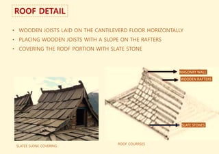 ROOF DETAIL
• WOODEN JOISTS LAID ON THE CANTILEVERD FLOOR HORIZONTALLY
• PLACING WOODEN JOISTS WITH A SLOPE ON THE RAFTERS
• COVERING THE ROOF PORTION WITH SLATE STONE
MASONRY WALL
WOODEN RAFTERS
SLATE STONES
SLATEE SLONE COVERING
ROOF COURRSES
 