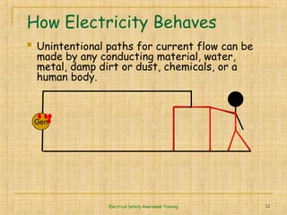 Electrical Safety Awareness Training 12
 Unintentional paths for current flow can be
made by any conducting material, water,
metal, damp dirt or dust, chemicals, or a
human body.
How Electricity Behaves
Gen
e e e
e
 