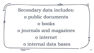 Secondary data includes:
o public documents
o books
o journals and magazines
o internet
o internal data bases
11
 