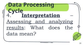 4. Interpretation –
Assessing and analyzing
results: What does the
data mean?
Data Processing
Cycle
28
 