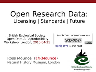 Open Research Data:
Licensing | Standards | Future
Ross Mounce (@RMounce)
Natural History Museum, London
British Ecological Society
Open Data & Reproducibility
Workshop, London, 2015-04-21
XKCD 1179 on ISO 8601
 