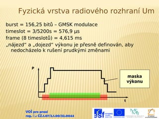 Fyzická vrstva radiového rozhraní Um
burst = 156,25 bitů – GMSK modulace
timeslot = 3/5200s = 576,9 µs
frame (8 timeslotů) = 4,615 ms
„nájezd“ a „dojezd“ výkonu je přesně definován, aby
nedocházelo k rušení prudkými změnami

P

maska
výkonu

t
VOŠ pro praxi
reg. č .: CZ.1.07/2.1.00/32.0044

 
