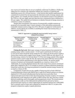 new reserves of uranium that are not yet completely understood. In addition, whether the
subject be oil or uranium, the exploration industry has a practice of exploring and
identifying reserves for a 40-year horizon—a time horizon that satisfies requirements for
commercial investment but not necessarily the information needs of energy analysts and
policy makers. For example, the firm economic oil and uranium reserves were defined in
the 1970s as a 40-year supply and since that time have continuously been re-defined as a
40-year supply. This market-driven limitation on industry forecasts of energy resources is
sometimes a source of confusion.
     Despite these uncertainties, the reserves of economically available uranium are
projected to be reasonably large. Current estimates of firm and unfirm economically
extractable uranium reserves range from 40 to 300 years of supply for world reactors. In
addition, several options are available to extending the nuclear fuel resource base, as
summarized in Table 2.3.

             Table 2.3. Approaches to extending the long-term nuclear energy resource
                                      obtained from uranium

     Approach to nuclear      Potential increase in   Potential impact on
                                                                             Time frame for
       energy resource          uranium energy          cost of nuclear
                                                                              deployment
          extension                resource                 energy
   Closing the fuel cycle         10 to 100X              TBD               Near- to mid-term
   Lean uranium ores              5 to 10X                1.2X to 1.5X      Mid-term
   Tails stripping                1.5X                    1.2X              Mid-term
   Seawater uranium               >1000X                  2X to 3X          Long-term

     Closing the fuel cycle. Both major isotopes of natural uranium have potential for
creating energy within a nuclear reactor—U-235 can be used directly for fission, and
U-238 can be used to breed the fissile isotope Pu-239, which can also be used to sustain a
fission chain reaction and to supply fission energy. Current LWRs use only about 4% of
the total energy content of its fuel and about 1% of the total energy content of the original
uranium resource used to make the fuel. By reprocessing spent LWR fuel and recycling
the recovered uranium and plutonium to fast spectrum reactors, the nuclear energy
resource of uranium can be potentially expanded by as a much as a factor of 25.
Additionally, by recycling depleted uranium (the waste stream from uranium enrichment
plants that is depleted in the U-235 isotope) in reactors to enhance plutonium production,
closed fuel cycles have the long-term potential to extend the uranium energy resource by
as much as a factor of 100.
     Components of spent fuel are also capable of being recycled as fresh LWR fuel.
Uranium/plutonium mixed oxide (MOX) fuel is made up of natural uranium (or uranium
depleted in U-235) mixed with plutonium that has been recovered either from
reprocessed spent reactor fuel or from decommissioning of nuclear weapons. For uranium
and plutonium oxide materials to be usable as MOX nuclear fuel, they must have similar
physical morphology and be thoroughly and homogeneously mixed. The mixed uranium
and plutonium oxides are then fabricated into pelletized form and used as fuel in
pressurized water reactors as a direct replacement for enriched uranium fuel. LWR MOX
fuel is currently used in France and is planned for limited use in the U.S. as part of the
program to disposition surplus weapons plutonium.



Appendix C                                                                                      213
 