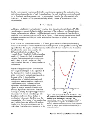 Similar proton transfer reactions undoubtedly occur in many organic media, and, as in water,
lead to immediate production of high yields of radicals. But such ultrafast proton transfer need
not be dominant, and, in some cases, may be unimportant, changing the subsequent chemistry
drastically. The absence of fast proton transfer by primary cations, R+•, could lead to ion
recombination,

                                        R+• + e- → R, R* ,                                              (2)

yielding no net chemistry, or to chemistry resulting from formation of excited states, R*. This
recombination is promoted when the dielectric constant of the medium is low. Ligands, ionic
liquids, molten salts, and polymers could be designed to avoid proton transfer (reaction 1), to
maximize ion recombination (reaction 2), and to channel excited states to particular functional
groups capable of thermalizing excitation with minimal formation of radicals and attendant
radiation damage.

When radicals are formed in reactions 1, 2, or others, pulse radiolysis techniques can identify
them, which can help to control their transformations to products by design of the chemistry. The
types of radical that may be formed in neoteric media are much more numerous and diverse than
those formed in water. Consequently, it is
difficult to identify these radicals. New                102
research should (1) definitively identify radical
species, (2) characterize their structures and
energies via computations and measurement,
and (3) observe, predict, and control their              101
transformations and rates of transformation, to
other species.                                       DAm

Radiolytic degradation of the extractant can
have a significant impact on the separation if              100

the decomposition results in an extracting
acidic compound or an inactive compound, as
depicted in Fig. 1. A mechanistic
understanding of radiolytic degradation of                 10-1
complexants under separations conditions is
crucial to developing radiation-resistant
separations schemes through more robust
ligands or through directed decomposition
                                                           10-2
products. Systematic mechanistic studies of                   10-2           10-1          100
radioloysis, notably those probing picosecond                                 [HNO3], M
timescales, will provide critical insight into
                                                    Figure 1: An example of schematic distribution ratios
degradation pathways. These studies, in             that shows the effect of an extractant degradation on
combination with studies that determine the         the form of the distribution ratio (D) vs acid
changes in the effectiveness of a separation that   concentrations curves. The theoretical curve (black) is
uses irradiated samples, will provide a direct      compared with those expected if a model extractant
                                                    degrades to a water-insoluble extracting acidic compound
link between the molecular changes and the          (red) or an inactive water-soluble compound (blue) in a
bulk effect. This information is essential to the   nitric acid solution.



308                                                      Appendix D: Panel-Specific Recommendation 2-2
 