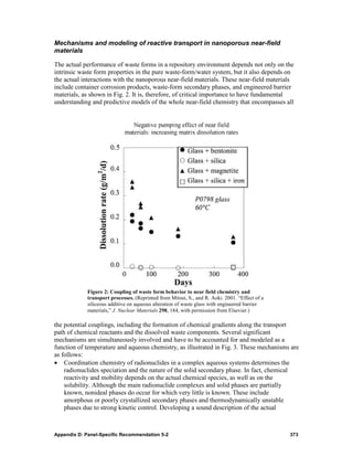 Mechanisms and modeling of reactive transport in nanoporous near-field
materials

The actual performance of waste forms in a repository environment depends not only on the
intrinsic waste form properties in the pure waste-form/water system, but it also depends on
the actual interactions with the nanoporous near-field materials. These near-field materials
include container corrosion products, waste-form secondary phases, and engineered barrier
materials, as shown in Fig. 2. It is, therefore, of critical importance to have fundamental
understanding and predictive models of the whole near-field chemistry that encompasses all




             Figure 2: Coupling of waste form behavior to near field chemistry and
             transport processes. (Reprinted from Mitsui, S., and R. Aoki. 2001. “Effect of a
             siliceous additive on aqueous alteration of waste glass with engineered barrier
             materials,” J. Nuclear Materials 298, 184, with permission from Elsevier.)

the potential couplings, including the formation of chemical gradients along the transport
path of chemical reactants and the dissolved waste components. Several significant
mechanisms are simultaneously involved and have to be accounted for and modeled as a
function of temperature and aqueous chemistry, as illustrated in Fig. 3. These mechanisms are
as follows:
• Coordination chemistry of radionuclides in a complex aqueous systems determines the
    radionuclides speciation and the nature of the solid secondary phase. In fact, chemical
    reactivity and mobility depends on the actual chemical species, as well as on the
    solubility. Although the main radionuclide complexes and solid phases are partially
    known, nonideal phases do occur for which very little is known. These include
    amorphous or poorly crystallized secondary phases and thermodynamically unstable
    phases due to strong kinetic control. Developing a sound description of the actual



Appendix D: Panel-Specific Recommendation 5-2                                                   373
 