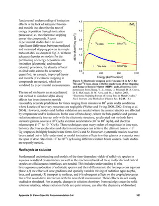 fundamental understanding of ionization
effects is the lack of adequate theories
and models that describe the rate of
energy deposition through ionization
processes (i.e., the electronic stopping
power) in compounds. Recent
experimental studies have revealed
significant differences between predicted
and measured stopping powers in simple
metal oxides, as shown in Fig. 3. Without
adequate theories or models for the
partitioning of energy deposition into
ionization (electronic) and nuclear
(atomic) processes, the density of local
excited states cannot be accurately
quantified. As a result, improved theory
and models of electronic stopping in
compounds are needed, which are           Figure 3: Electronic stopping power measured in ZrO2 for
                                          4       12
validated by experimental measurements. and and Cof Ions in Matter the predictions of the Stopping
                                           He
                                              Range
                                                      ions, along with
                                                                       (SRIM) code. (Reprinted with
                                              permission from Zhang, Y., J. Jensen, G. Possnert, D. A. Grove,
The use of ion beams as an accelerated       D. E. McCready, B. W. Arey, and W. J. Weber. 2006.
test method to simulate alpha decay          “Electronic Stopping Forces of Heavy Ions in Metal Oxides,”
effects has been shown to provide            Nucl. Instrum. and Methods in Physics Res. B 249, 18.)
reasonably accurate predictions for times ranging from minutes to 109 years under conditions
where kinetics of recovery processes are negligible (Weber and Ewing 2000, 2002; Ewing at al.
2004). However, models and further validation are needed where the atomic kinetics are affected
by temperature and/or ionization. In the case of beta decay, where the beta particle and gamma
radiation primarily interact only with the electronic structure, accelerated test methods have
included gamma sources (104 Gy/h), electron accelerators (107 to 108 Gy/h), and electron
microscopes (1011 to 1013 Gy/h). These techniques span many orders of magnitude in dose rate,
but only electron accelerators and electron microscopes can achieve the ultimate doses (~1011
Gy) expected in highly loaded waste forms for Cs and Sr. However, systematic studies have not
been carried out to fully understand or model ionization effects in either glasses or ceramics over
the span of dose rates from 107 to 1013 Gy/h using different electron beam sources. Such studies
are urgently needed.

Radiolysis in solution

Fundamental understanding and models of the time-dependent yields of radiolytic species in
aqueous near-field environments, as well as the reaction network of these molecular and radical
species at solid/aqueous interfaces, are needed. This includes understanding (1) the
heterogeneous production of radiolytic species and their diffusion into the homogeneous aqueous
phase, (2) the effects of dose gradients and spatially variable mixing of radiation types (alpha,
beta, and gamma), (3) transport to surfaces, and (4) subsequent effects on the coupled processes
that affect waste-form interaction with the near-field environment. These effects are not easily
studied or simulated. For example, changes in solution chemistry from radiolysis near the solid-
solution interface, where radiation fields are quite intense, can alter the chemistry of dissolved


Appendix D: Panel-Specific Recommendation 5-4                                                             387
 