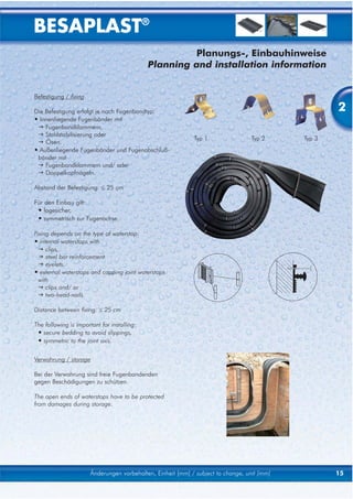 BESAPLAST®
                                                      Planungs-, Einbauhinweise
                                             Planning and installation information


Befestigung / fixing

Die Befestigung erfolgt je nach Fugenbandtyp:                                                        2
• Innenliegende Fugenbänder mit
    Fugenbandklammern,
    Stahlstabilisierung oder
                                                             Typ 1                Typ 2      Typ 3
    Ösen.
• Außenliegende Fugenbänder und Fugenabschluß-
 bänder mit
    Fugenbandklammern und/ oder
    Doppelkopfnägeln.

Abstand der Befestigung: ≤ 25 cm

Für den Einbau gilt:
 • lagesicher,
 • symmetrisch zur Fugenachse.

Fixing depends on the type of waterstop:
• internal waterstops with
     clips,
     steel bar reinforcement
     eyelets.
• external waterstops and capping joint waterstops
  with
     clips and/ or
     two-head-nails.

Distance between fixing: ≤ 25 cm

The following is important for installing:
 • secure bedding to avoid slippings,
 • symmetric to the joint axis.


Verwahrung / storage

Bei der Verwahrung sind freie Fugenbandenden
gegen Beschädigungen zu schützen.

The open ends of waterstops have to be protected
from damages during storage.




                       Änderungen vorbehalten, Einheit [mm] / subject to change, unit [mm]           15
 