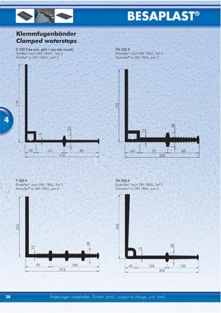 BESAPLAST®
     Klemmfugenbänder
     Clamped waterstops
     D 330 Ecke eins. glatt / one side smooth                      FM 350 K
     Nitriflex® nach DIN 18541, Teil 2                             Elastoflex® nach DIN 7865, Teil 2
     Nitriflex® to DIN 18541, part 2                               Elastoflex® to DIN 7865, part 2




4




     F 500 K                                                       FM 500 K
     Elastoflex® nach DIN 7865, Teil 2                             Elastoflex® nach DIN 7865, Teil 2
     Elastoflex® to DIN 7865, part 2                               Elastoflex® to DIN 7865, part 2




38                          Änderungen vorbehalten, Einheit: [mm] / subject to change, unit: [mm]
 