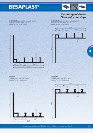 BESAPLAST®
                                                                              Klemmfugenbänder
                                                                              Clamped waterstops
DA 330/35 Ecke eins. glatt / one side smooth                  DA 330/35 Ecke A eins. glatt / one side smooth
Nitriflex® nach DIN 18541, Teil 2                             Nitriflex® nach DIN 18541, Teil 2
Nitriflex® to DIN 18541, part 2                               Nitriflex® to DIN 18541, part 2




                                                                                                               4




AM 350 K                                                      AM 350 KA
Elastoflex® nach DIN 7865, Teil 2                             Elastoflex® nach DIN 7865, Teil 2
Elastoflex® to DIN 7865, part 2                               Elastoflex® to DIN 7865, part 2




                       Änderungen vorbehalten, Einheit: [mm] / subject to change, unit: [mm]                   39
 