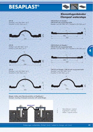 BESAPLAST®
                                                                                  Klemmfugenbänder
                                                                                  Clamped waterstops
OK 25                                                           OKB 30 flach mit Gewebe /
Elastoflex® nach DIN 7865, Teil 2                               OKB 30 flat with incorporated textile
Elastoflex® to DIN 7865, part 2                                 Elastoflex® nach DIN 7865, Teil 2 / Elastoflex® to DIN 7865, part 2




OK 30                                                           OKB 35 flach mit Gewebe /
Nitriflex® nach DIN 7865, Teil 2                                OKB 35 flat with incorporated textile
Nitriflex® to DIN 7865, part 2                                  Elastoflex® nach DIN 7865, Teil 2 / Elastoflex® to DIN 7865, part 2
                                                                                                                                      4




OK 35                                                           OKB 30 mit Gewebe / OKB 30 with incorporated textile
Elastoflex® nach DIN 7865, Teil 2                               Elastoflex® nach DIN 7865, Teil 2
Elastoflex® to DIN 7865, part 2                                 Elastoflex® to DIN 7865, part 2




Beispiel: Aufbau einer Klemmkonstruktion mit Kippflansch /
Example: mounting of clamped construction with canted flanges




                               BESAPLAST®

                                                                           1          Klemmflansch / steelrail
                                                                           2          Fugenband / waterstop
                                                                           3          Bolzen / capsule anchors




                        Änderungen vorbehalten, Einheit: [mm] / subject to change, unit: [mm]                                         41
 