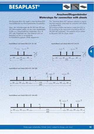 BESAPLAST®
                                                        Anschweißfugenbänder
                                           Waterstops for connection with sheets
Die Deutsche Bahn AG regelt in ihrer Richtlinie 853     The “Deutsche Bahn AG” (german railways) is regula-
Anschlußbänder aus thermoplastischen Kunststoffen.      ting thermoplastic waterstops for conection with sheets
                                                        in guideline 853.
Gem. den Anforderungen der RiL 853 der DB Netz          We produce profiles (see below) made from PVC or
AG (Herausgeber) stellen wir die unten abgebildeten     PE according to the requiments of guideline 853 of
Profile aus unterschiedlichen Materialien wie z. B.     DB Nezt AG (publisher). The material will be settled
PVC oder Polyethylen her. Das Material wird von         by Besaplast with the plastic sheets.
Besaplast auf die zu verwendende
Kunststoffdichtungsbahn (KDB) abgestimmt.


Anschlußband nach Modul 853.4101 SA 165                    Anschlußband nach Modul 853.4101 SA 210




                                                                                                                  4



Anschlußband nach Modul 853.4101 SAA 500




Anschlußband nach Modul 853.4101 SAA 600




                    Änderungen vorbehalten, Einheit: [mm] / subject to change, unit: [mm]                         45
 